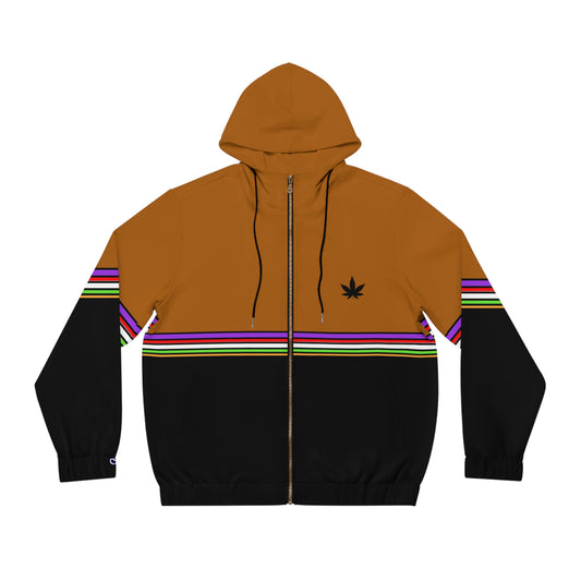 Full-Zip Hoodie with Striped Retro Panels & Leaf Emblem