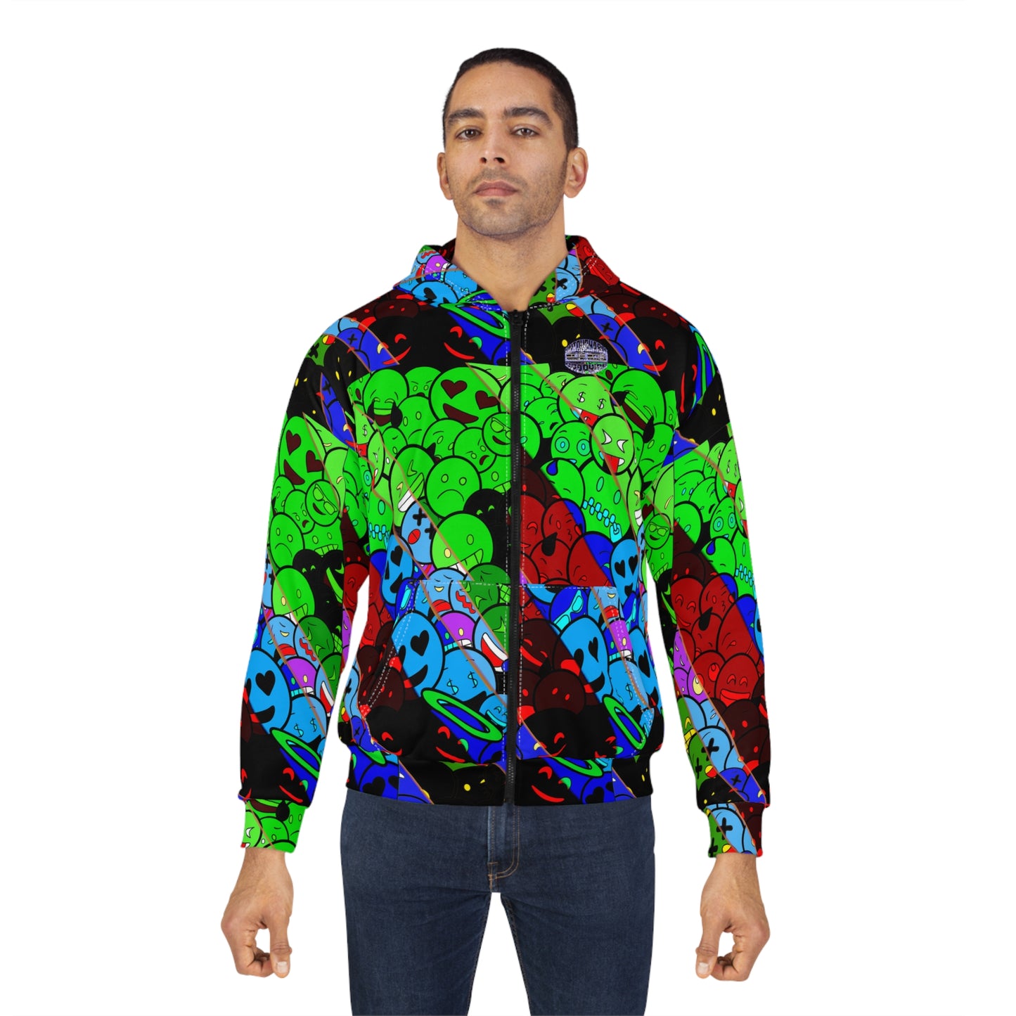 Emoji Galaxy Zip Hoodie — Neon Smiley Alien All-Over Print