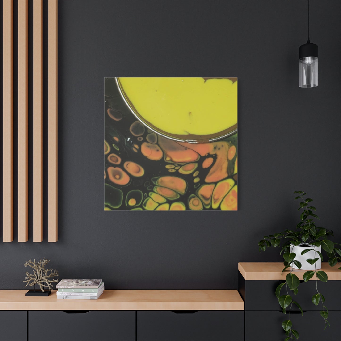Abstract Fluid Art Canvas Print — Yellow & Black Cell Pour