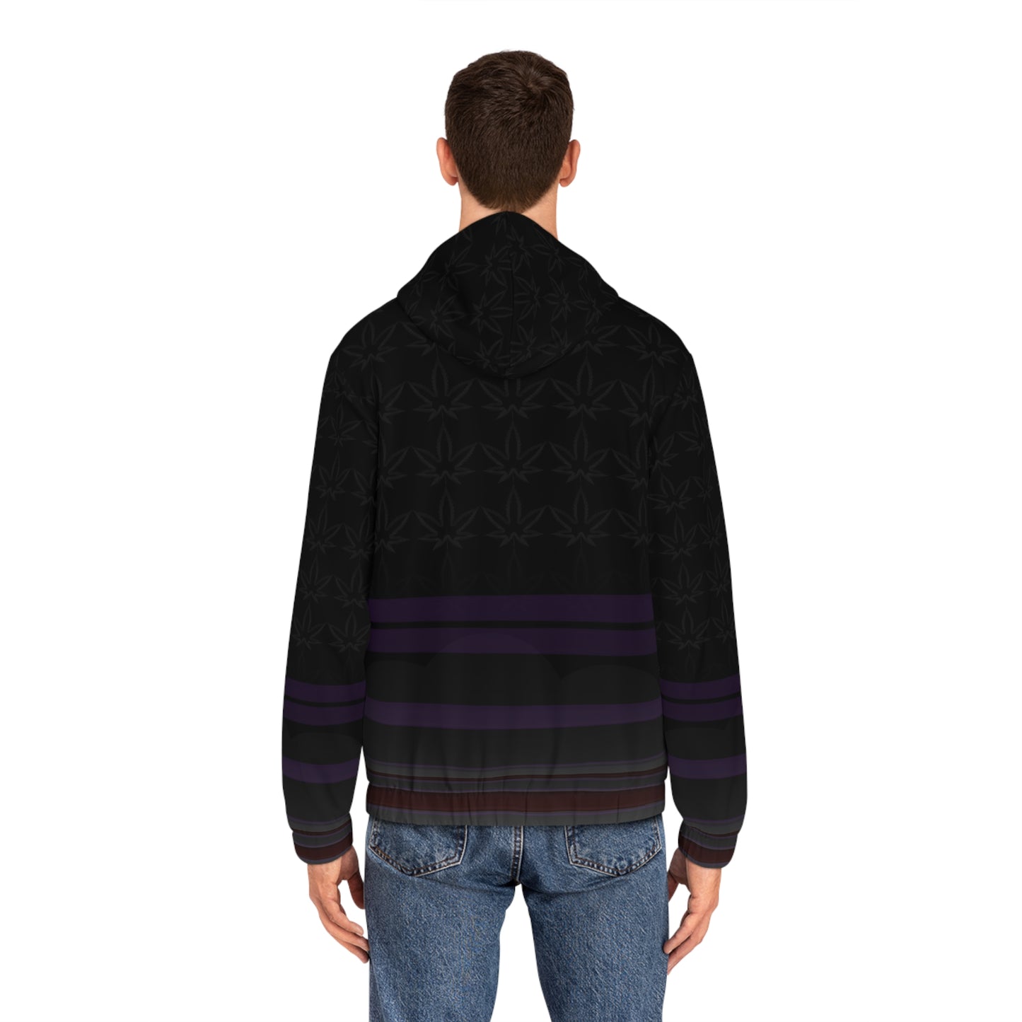 Men's Full-Zip Hoodie – Black Subtle Leaf Pattern with Purple Stripes & Green Emblem