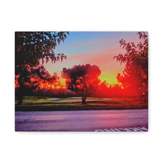 4th green @muni - Sunset Park Matte Canvas Print — Vibrant Red & Orange Landscape Wall Art