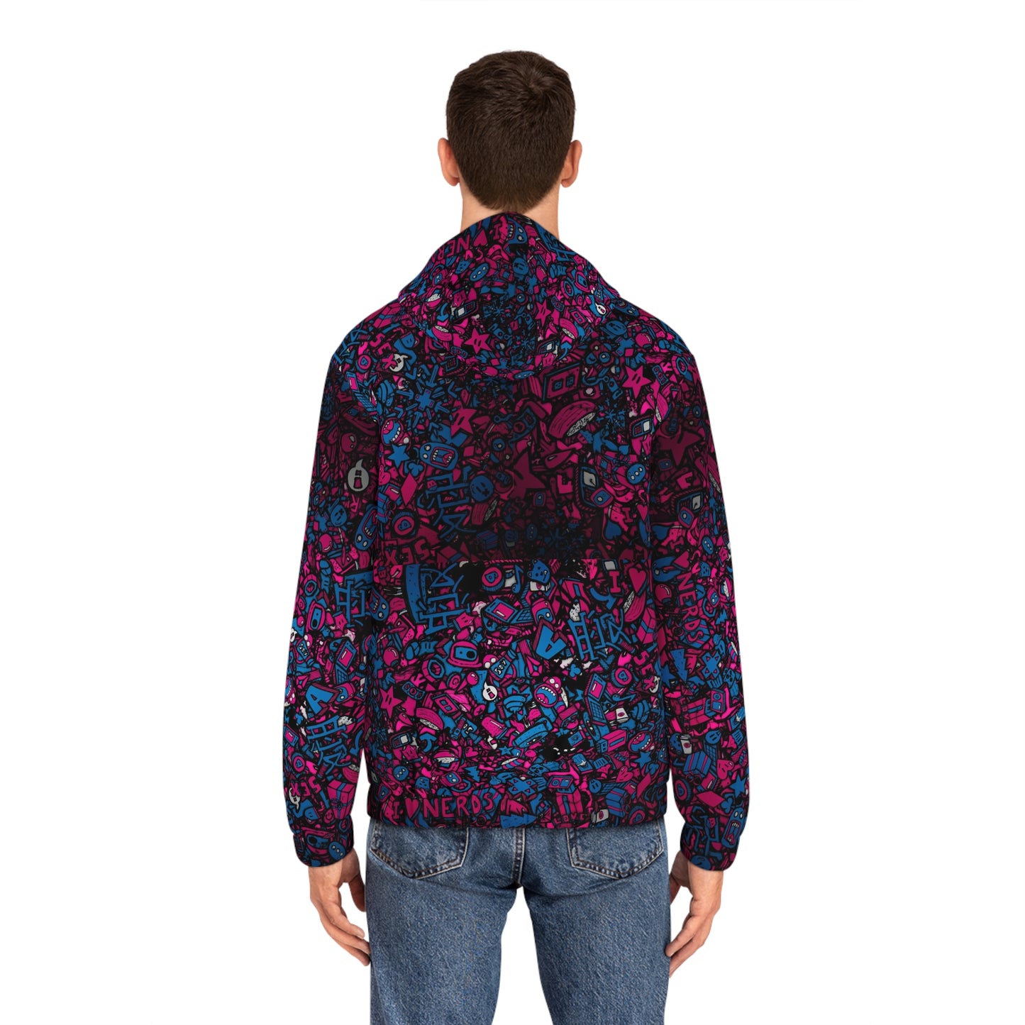 Men's Doodle Graphic Full‑Zip Hoodie — Neon Pink & Blue All‑Over Print
