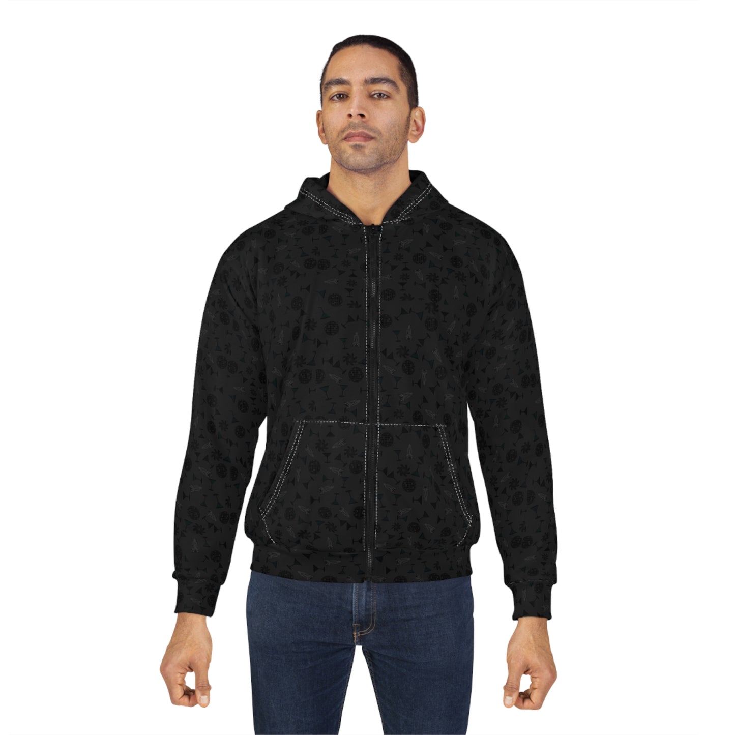 Black Starry Zip Hoodie – All-Over Print Cosmic Pattern Zip-Up Hoodie