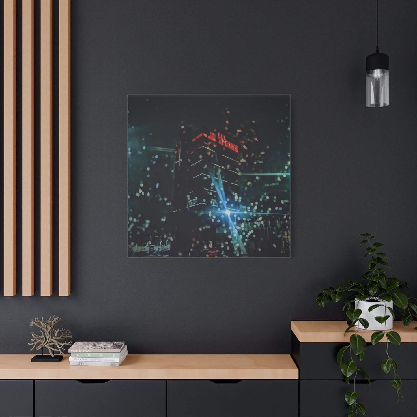 matrix @night Canvas Print — Moody Rainy Urban Wall Art (Matte Stretched)