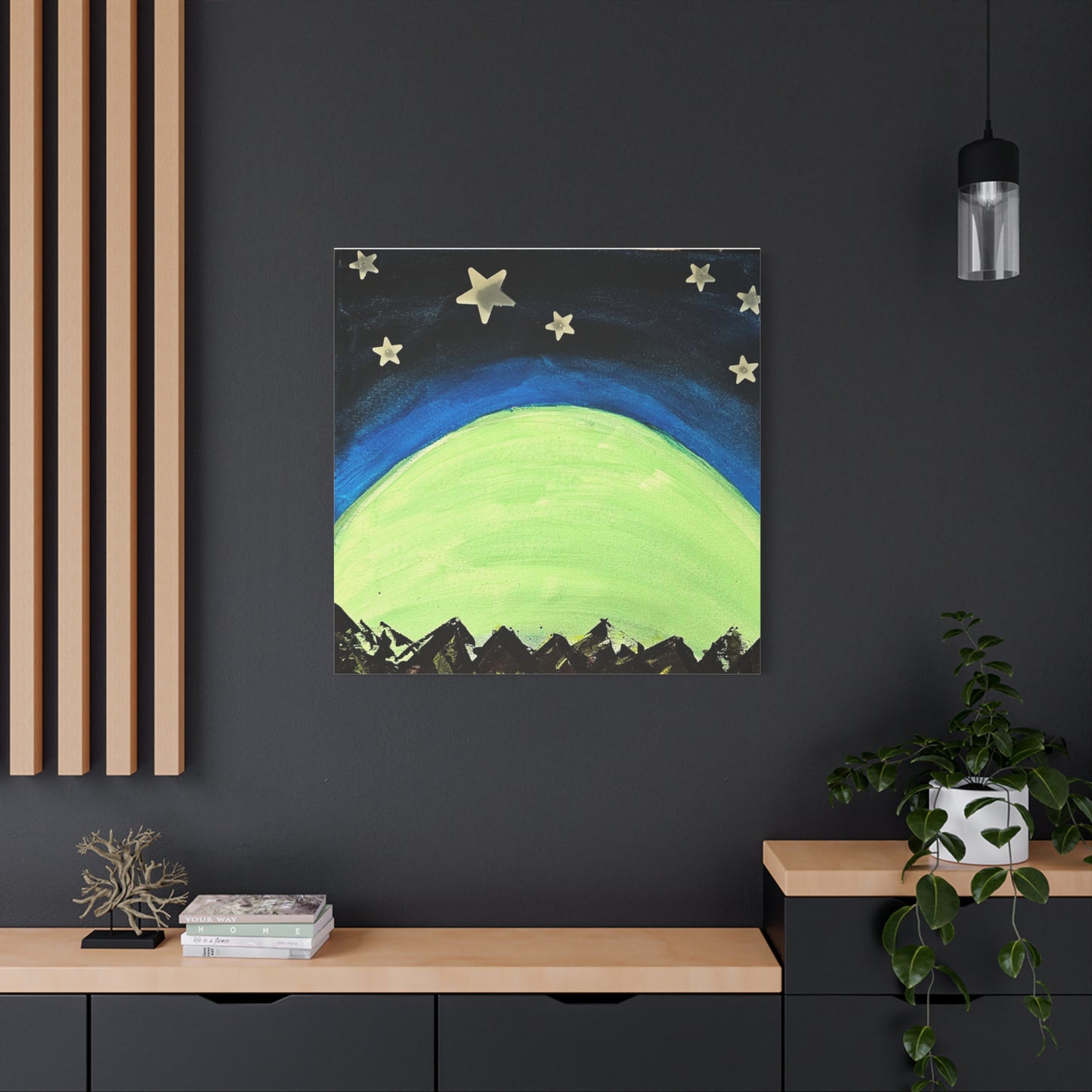 Green Moonrise Canvas Wall Art – Mountain Silhouette Nightscape