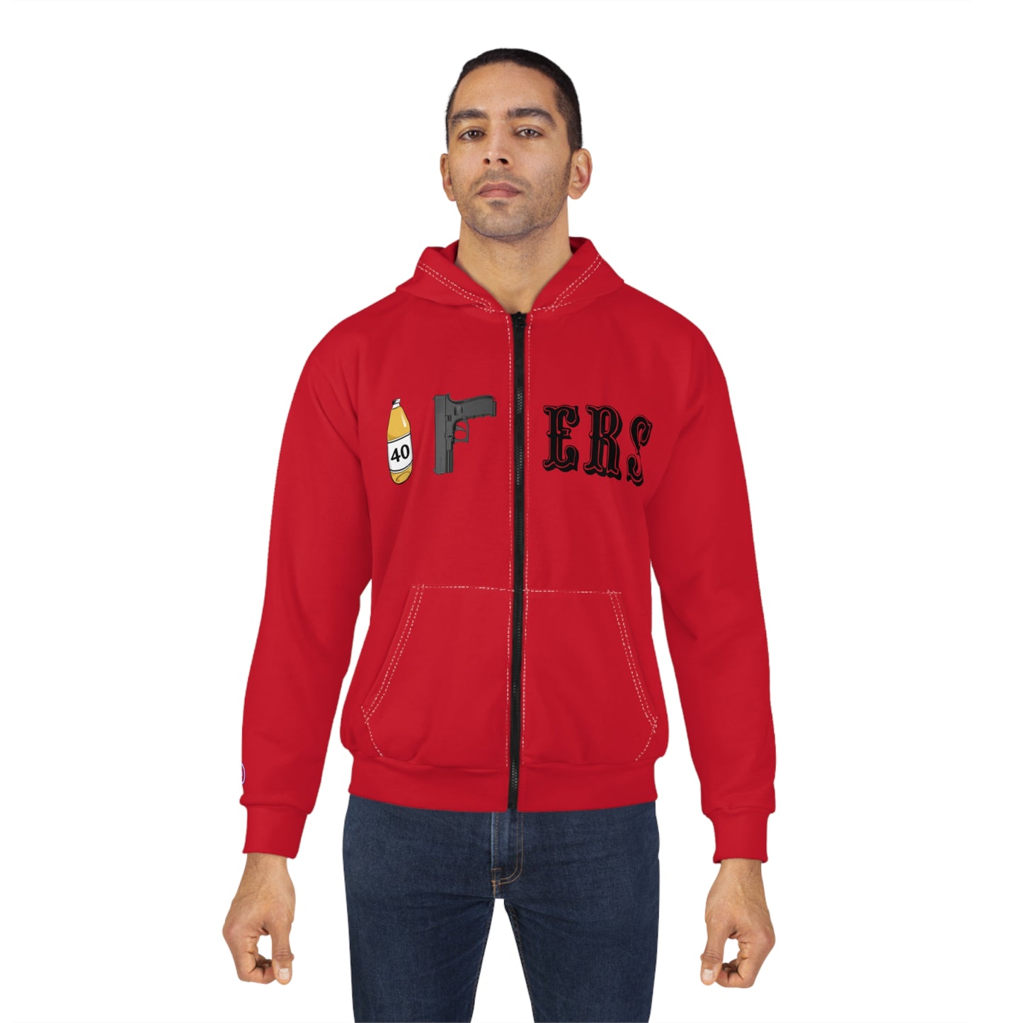 Gun & 40oz 'ERS' Red Zip Hoodie — Streetwear Zip-Up with SF Backprint