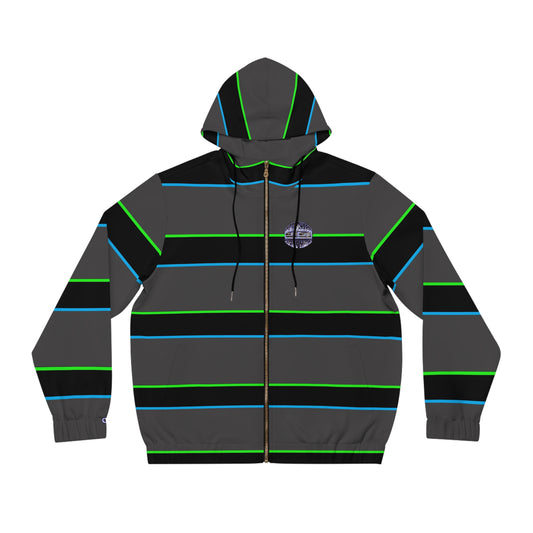 Men's Striped Full-Zip Hoodie — Neon Green & Blue Retro Stripe with Subtle Leaf Accent