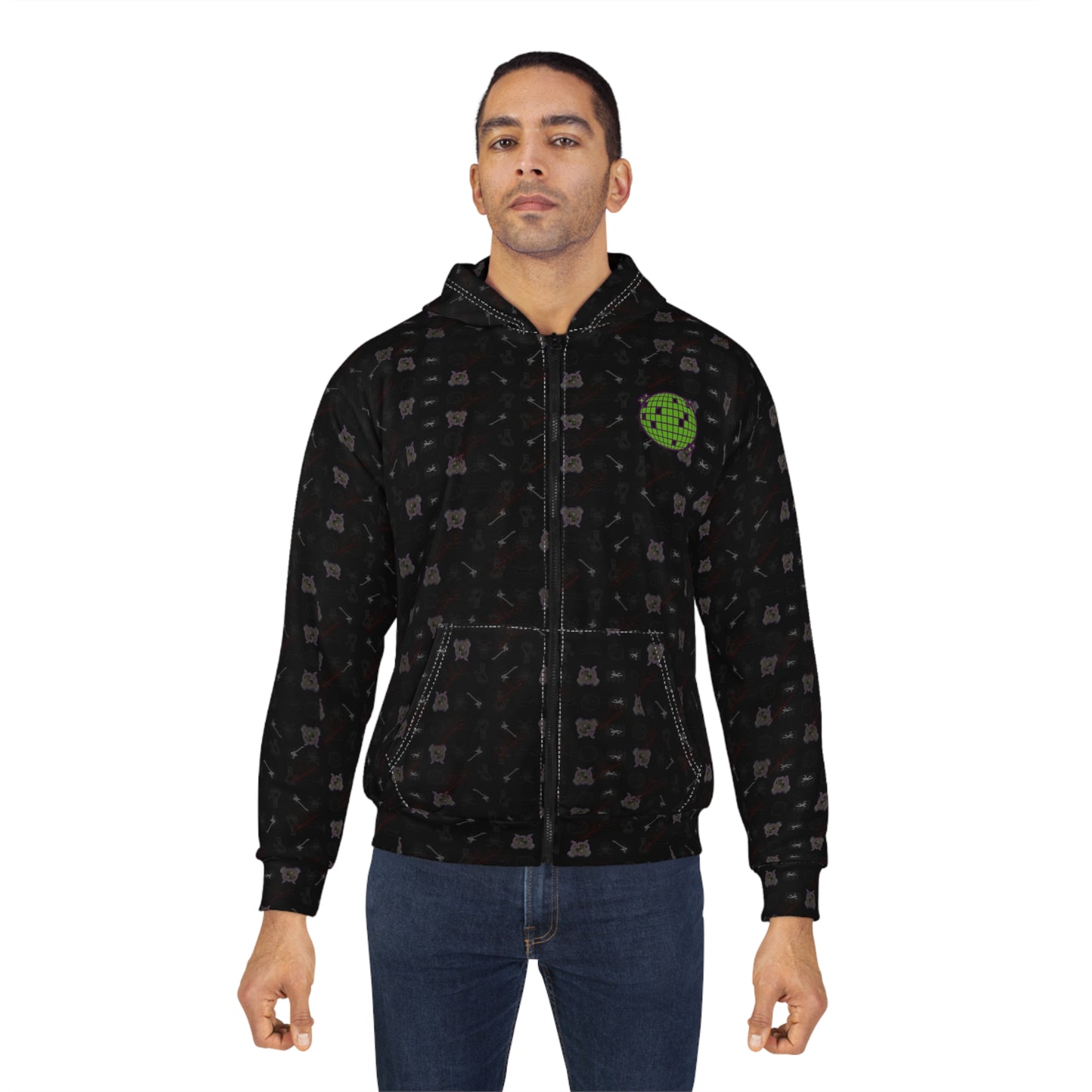 Black Grunge Pattern Zip Hoodie — All-Over Print Casual Streetwear