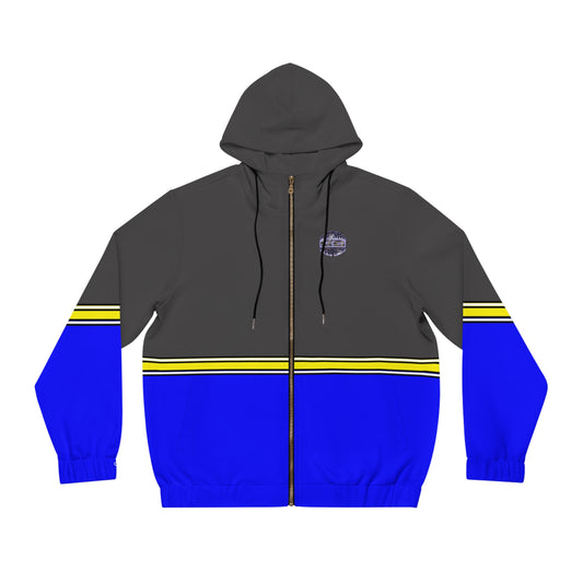 Blue Stripe Full-Zip Hoodie — Casual Streetwear Jacket with Leaf Logo