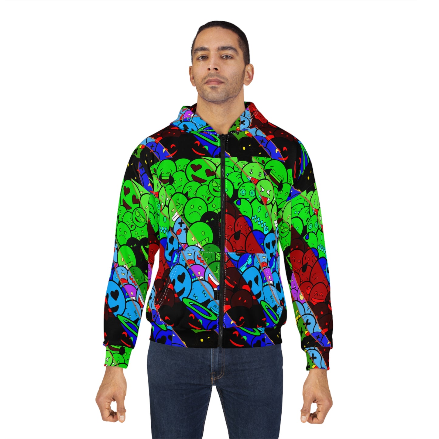Emoji Galaxy Zip Hoodie — Neon Smiley Alien All-Over Print