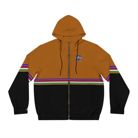 Full-Zip Hoodie with Striped Retro Panels & Leaf Emblem