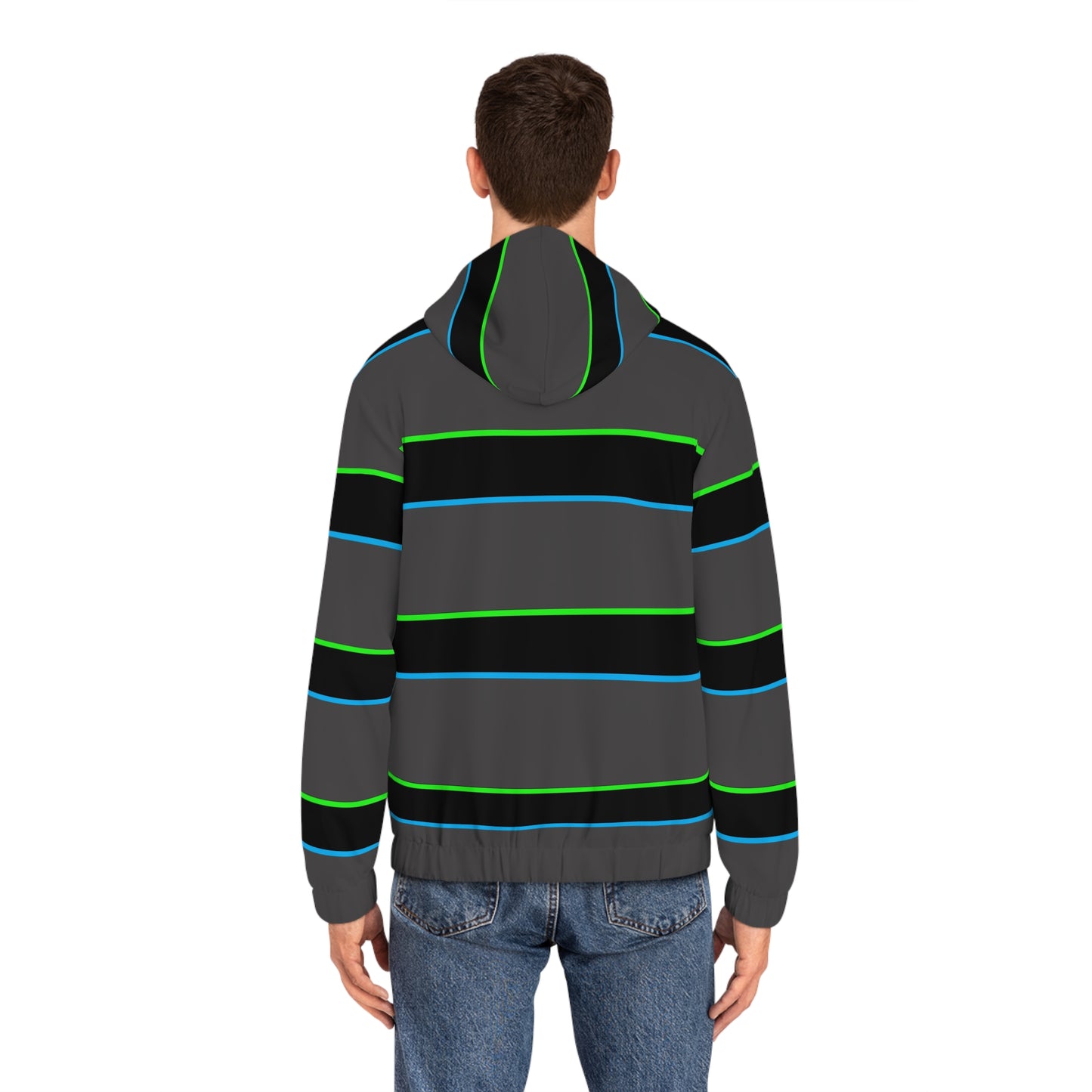 Men's Striped Full-Zip Hoodie — Neon Green & Blue Retro Stripe with Subtle Leaf Accent