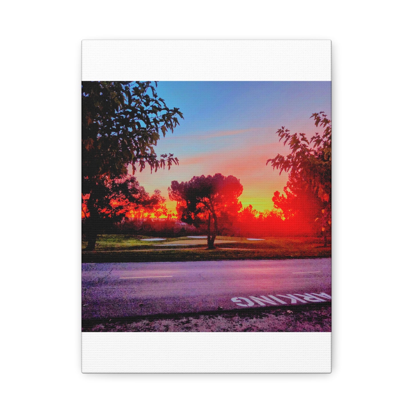 4th green @muni - Sunset Park Matte Canvas Print — Vibrant Red & Orange Landscape Wall Art