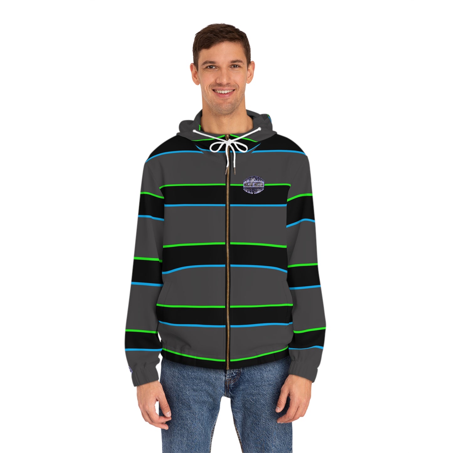 Men's Striped Full-Zip Hoodie — Neon Green & Blue Retro Stripe with Subtle Leaf Accent