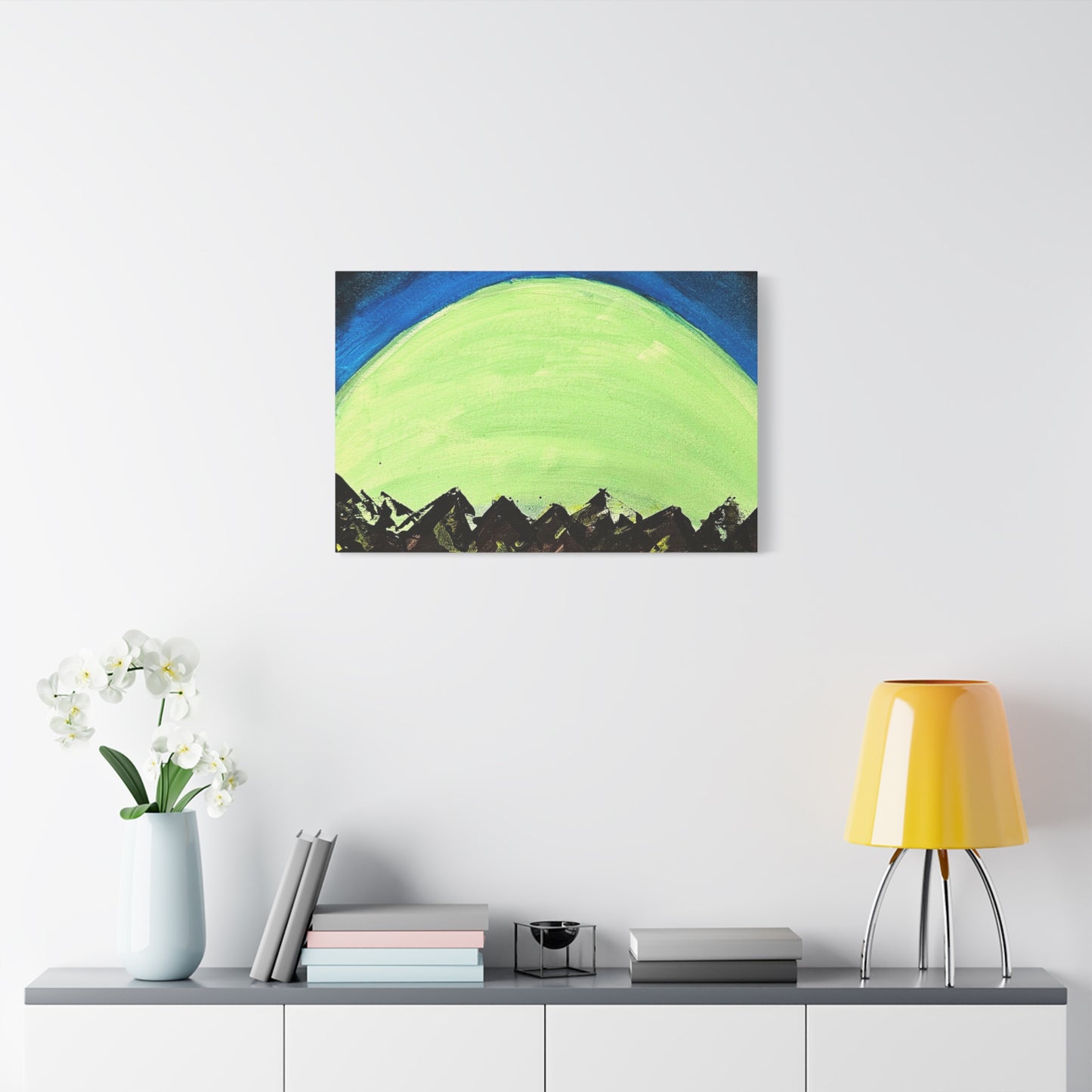 Green Moonrise Canvas Wall Art – Mountain Silhouette Nightscape