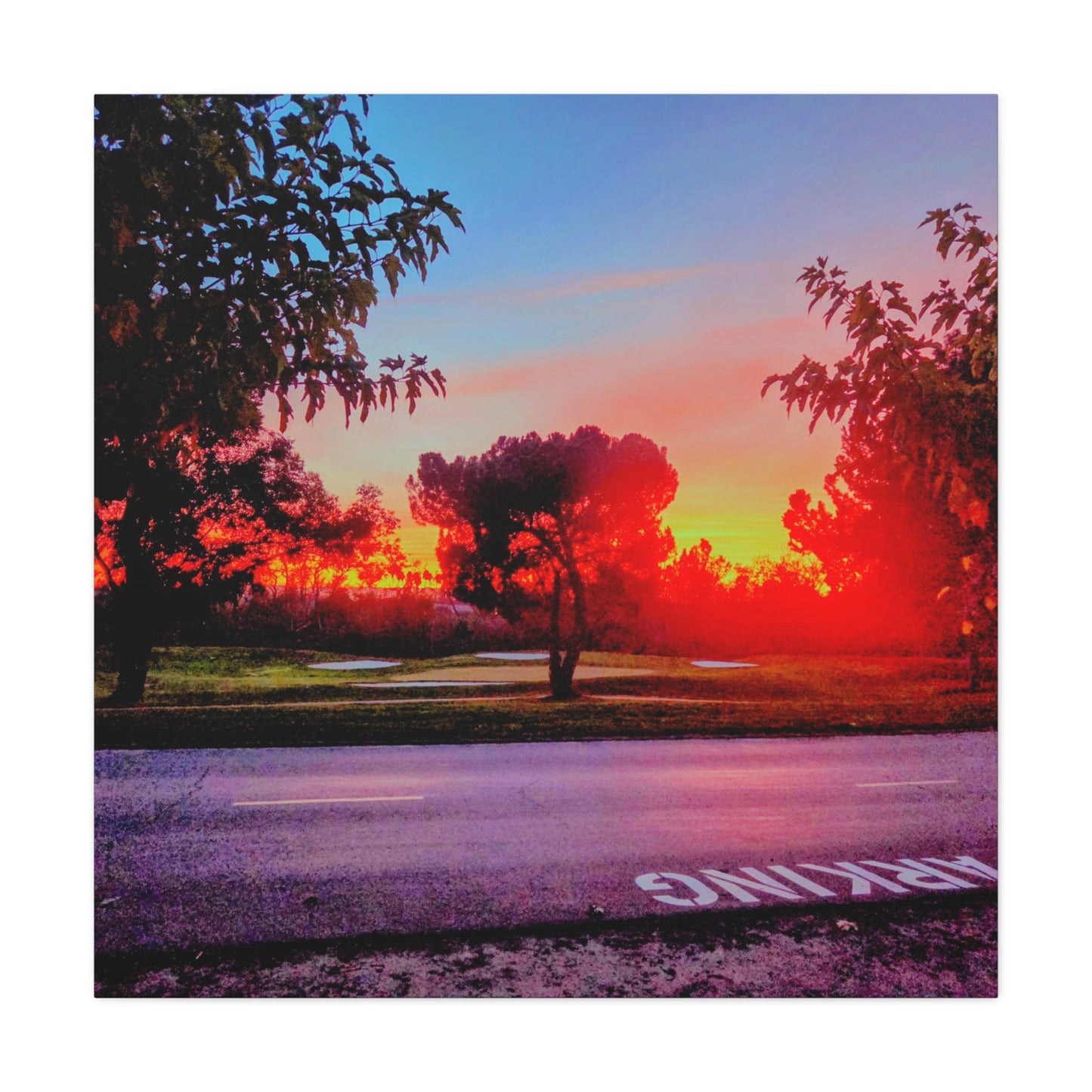 4th green @muni - Sunset Park Matte Canvas Print — Vibrant Red & Orange Landscape Wall Art