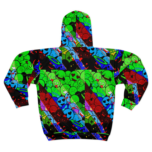 Emoji Galaxy Zip Hoodie — Neon Smiley Alien All-Over Print