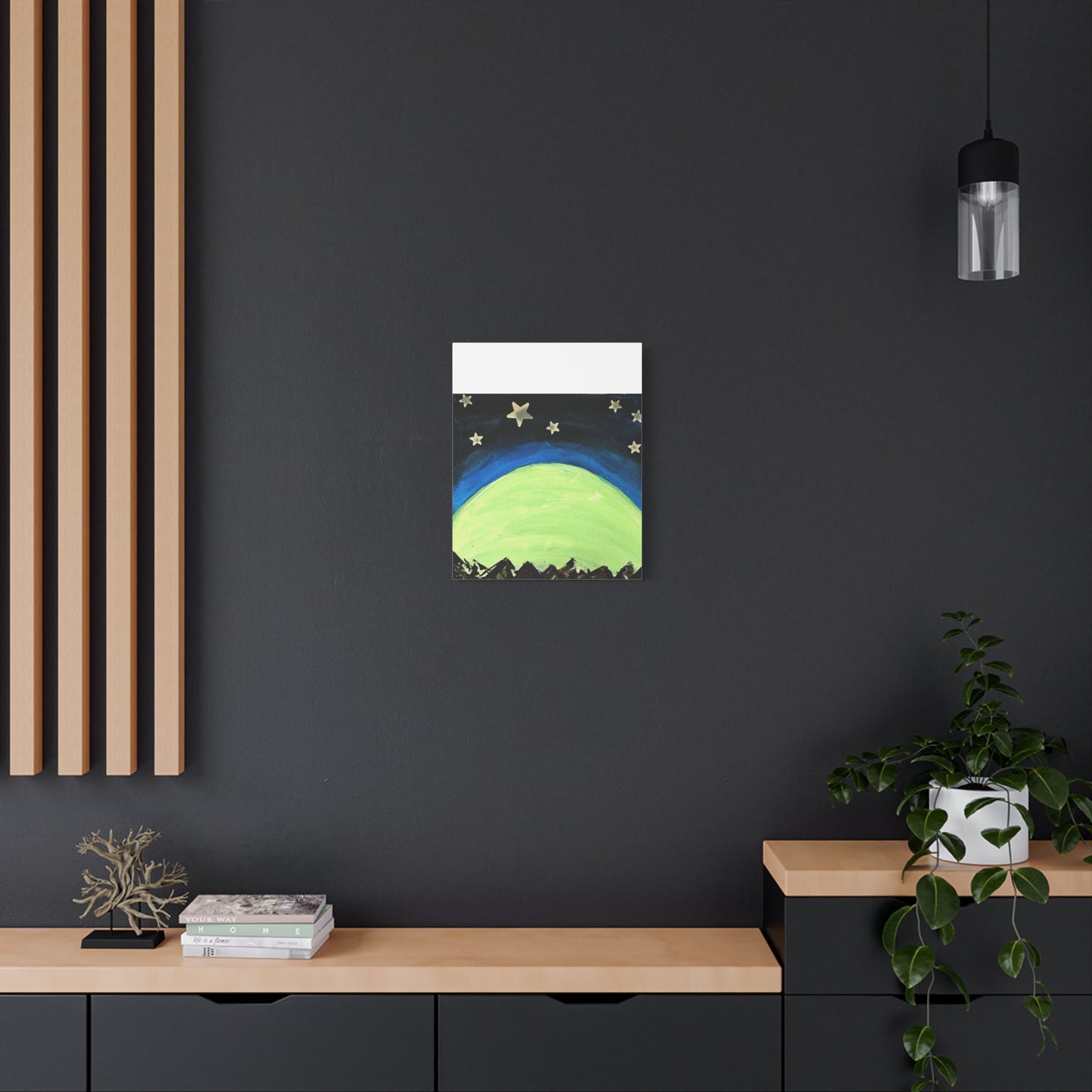 Green Moonrise Canvas Wall Art – Mountain Silhouette Nightscape