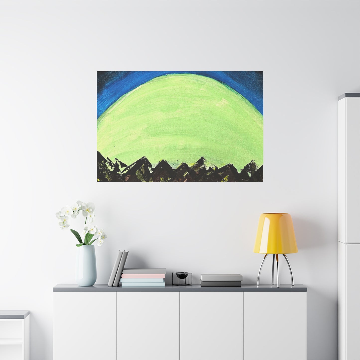 Green Moonrise Canvas Wall Art – Mountain Silhouette Nightscape