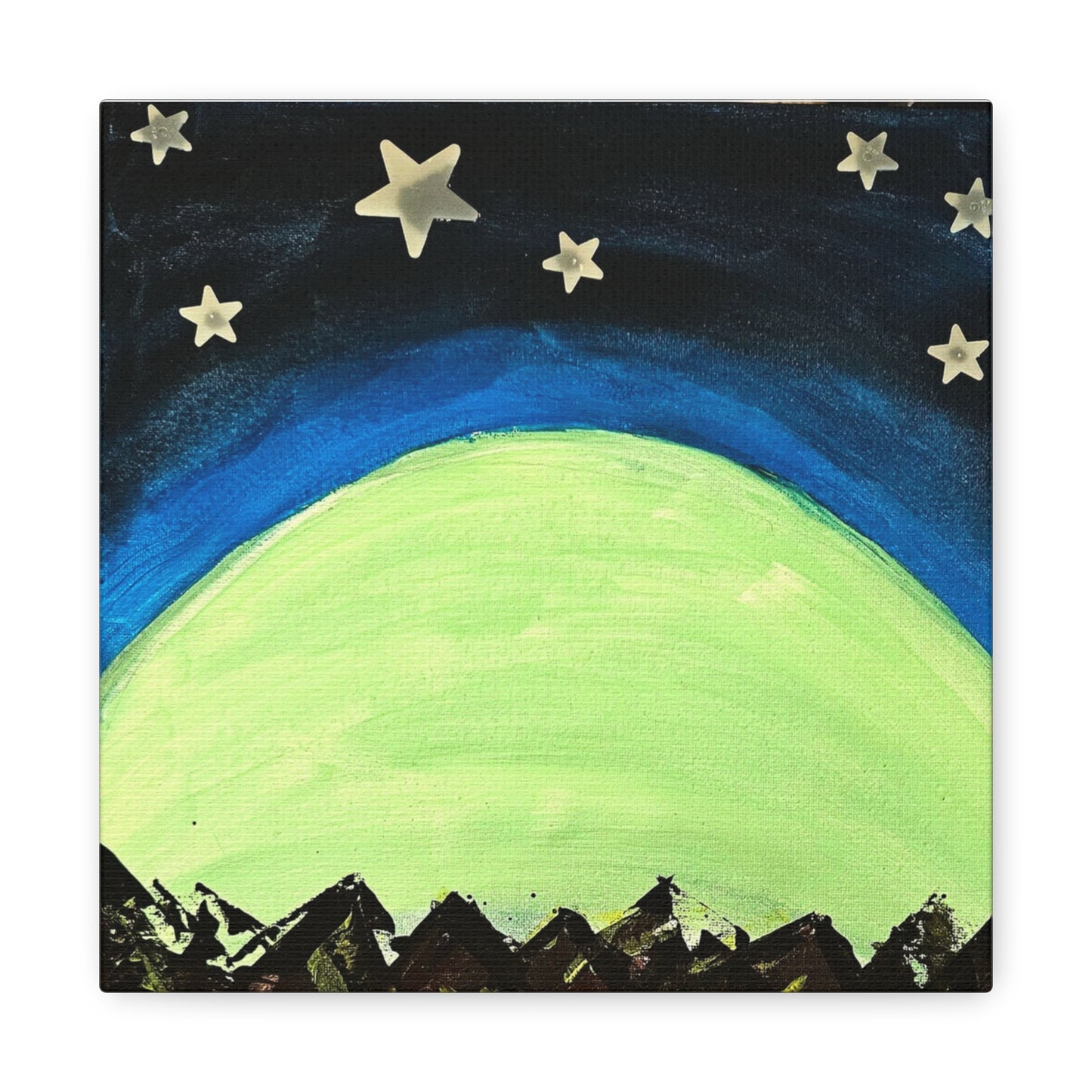 Green Moonrise Canvas Wall Art – Mountain Silhouette Nightscape