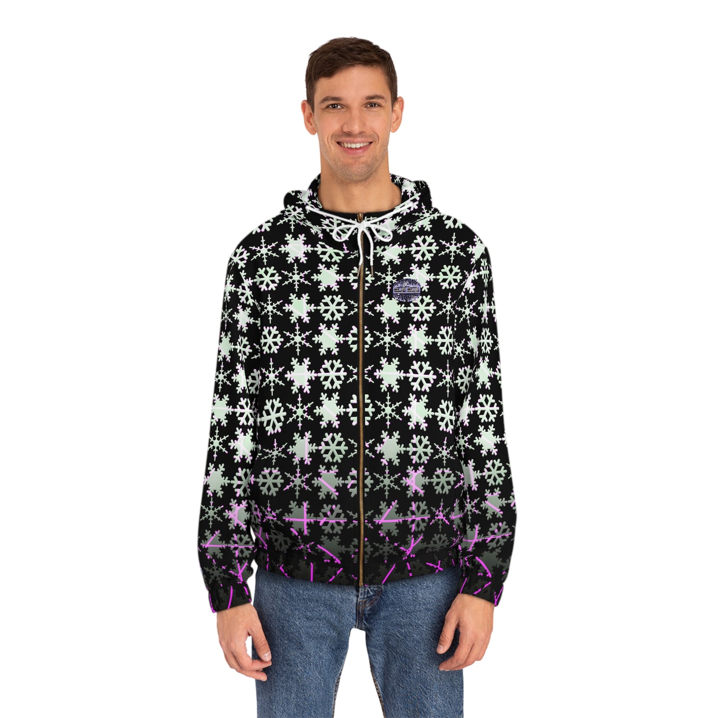 Snowflake Pattern Full-Zip Hoodie — Black & Purple Winter Zip-Up