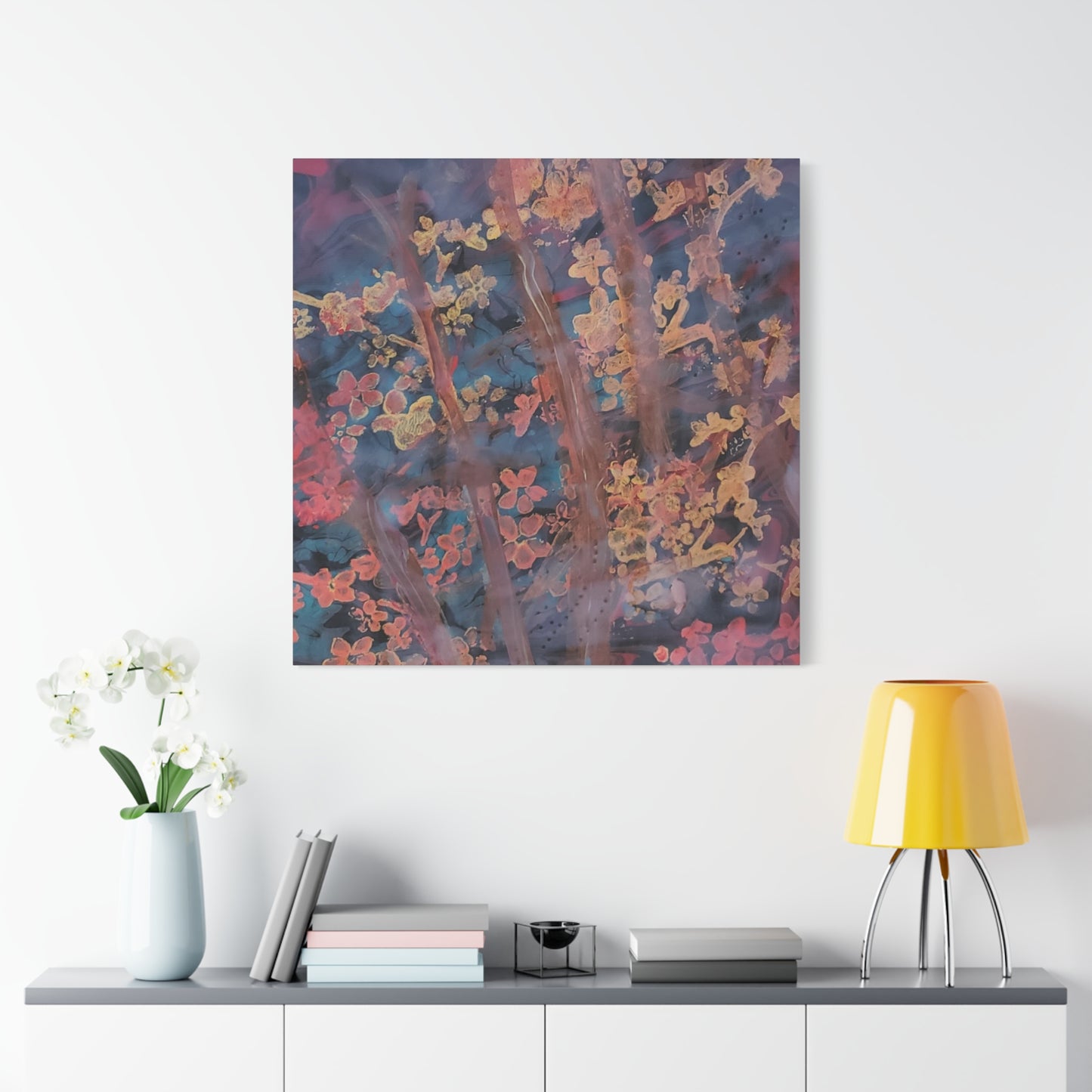 Abstract Floral Canvas Print — Moody Pink & Blue Stretched Wall Art