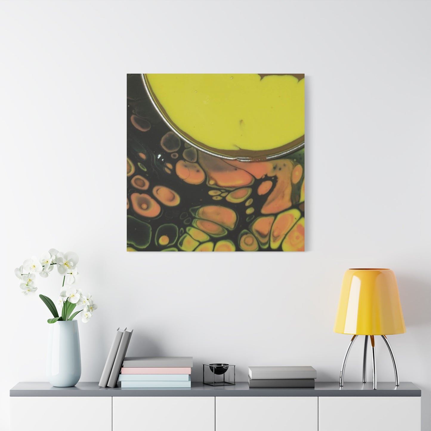 Abstract Fluid Art Canvas Print — Yellow & Black Cell Pour