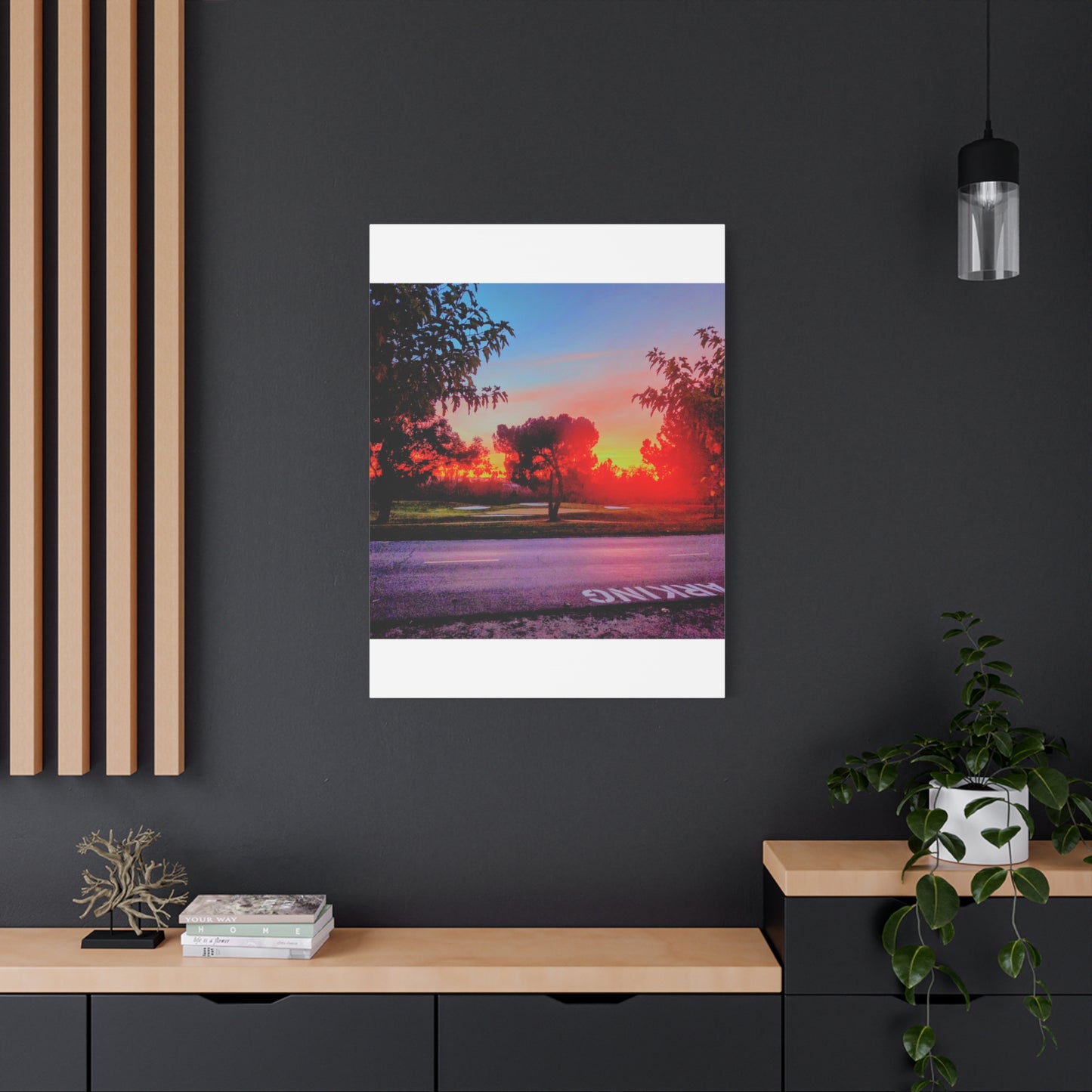 4th green @muni - Sunset Park Matte Canvas Print — Vibrant Red & Orange Landscape Wall Art