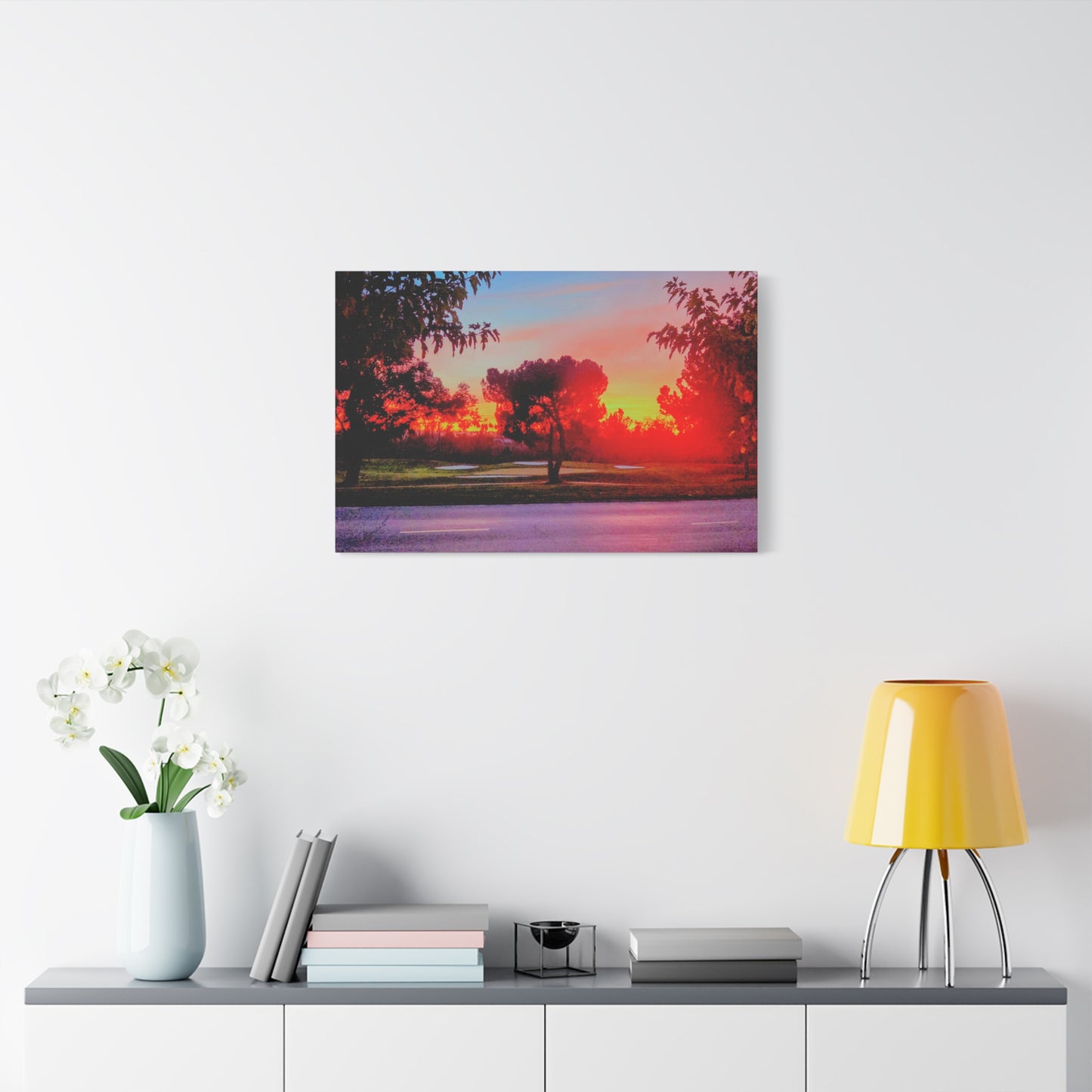 4th green @muni - Sunset Park Matte Canvas Print — Vibrant Red & Orange Landscape Wall Art