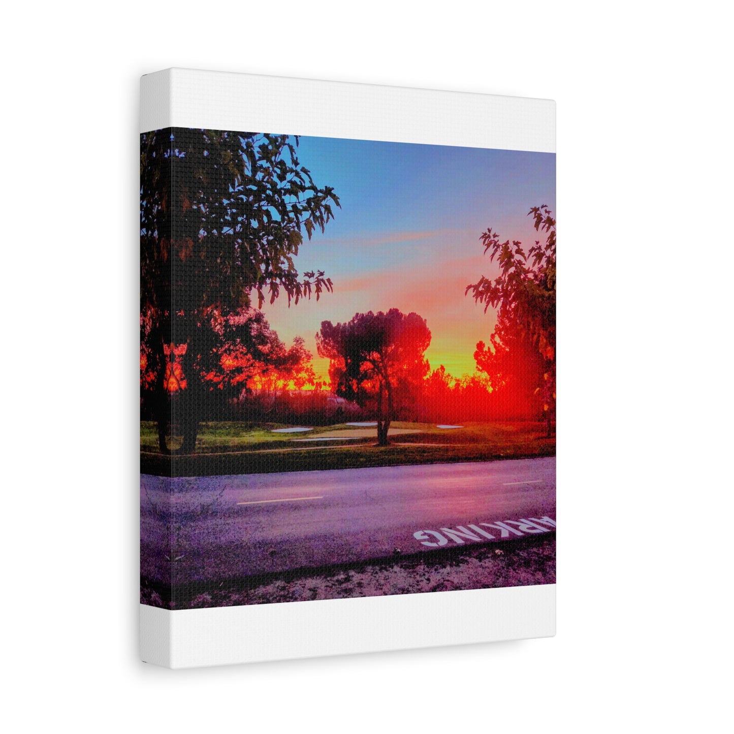 4th green @muni - Sunset Park Matte Canvas Print — Vibrant Red & Orange Landscape Wall Art