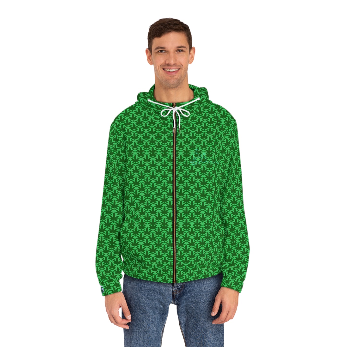 Green Palm Pattern Full‑Zip Hoodie — 'Sailor' Back Logo