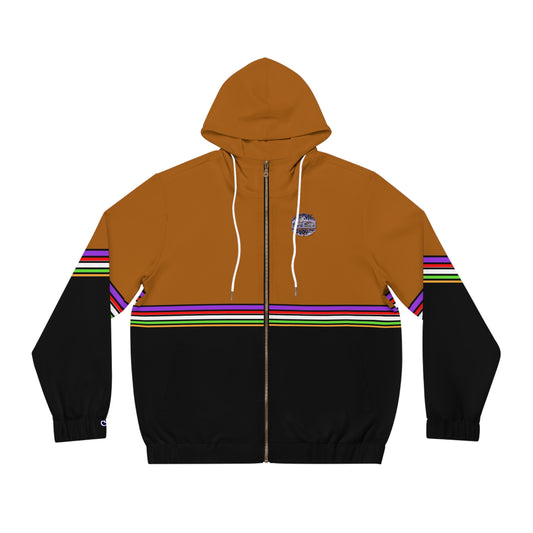 Full-Zip Hoodie with Striped Retro Panels & Leaf Emblem