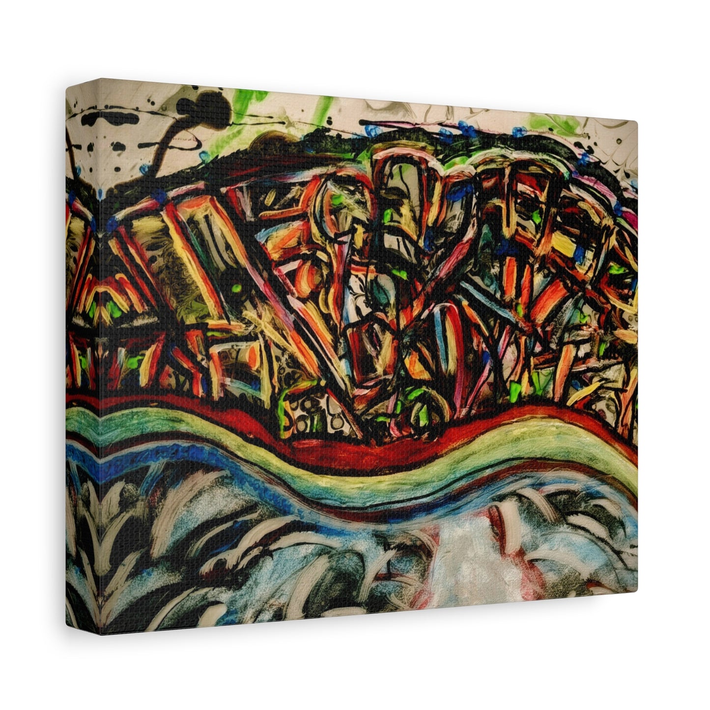 Acrylic_inequalities - Abstract Coastal Cityscape Canvas — Vibrant Ocean Wave Wall Art