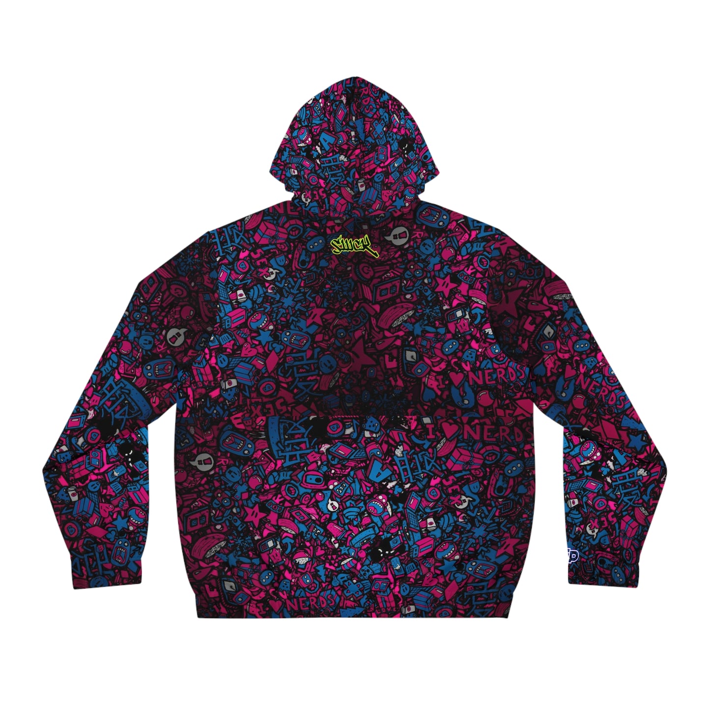 Men's Doodle Graphic Full‑Zip Hoodie — Neon Pink & Blue All‑Over Print