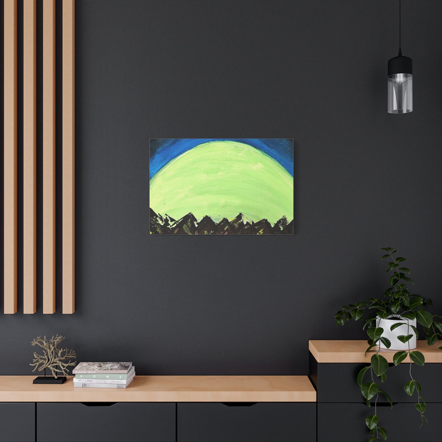 Green Moonrise Canvas Wall Art – Mountain Silhouette Nightscape