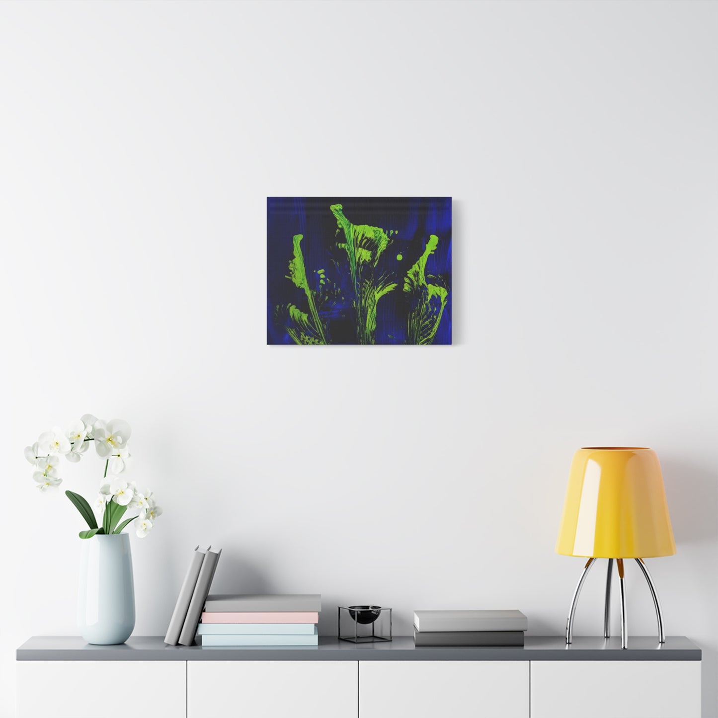 calla_lillies_pt.2 - Neon Floral Abstract Canvas Print — Blue & Lime Stretched Wall Art