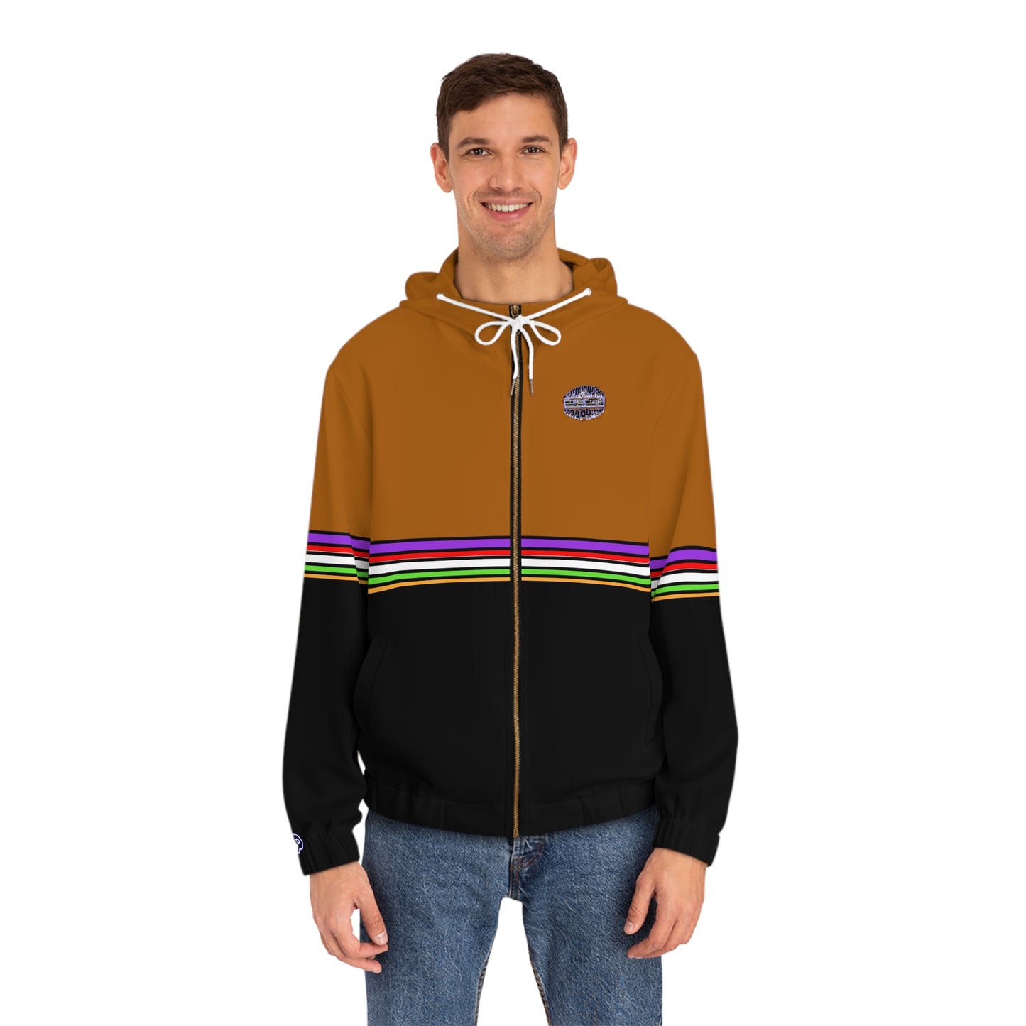 Full-Zip Hoodie with Striped Retro Panels & Leaf Emblem