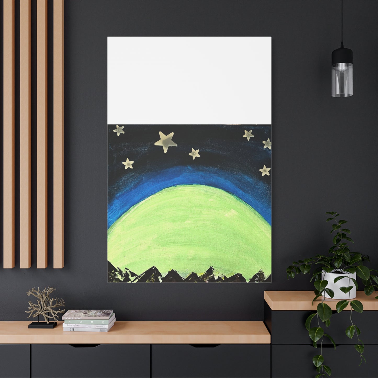 Green Moonrise Canvas Wall Art – Mountain Silhouette Nightscape