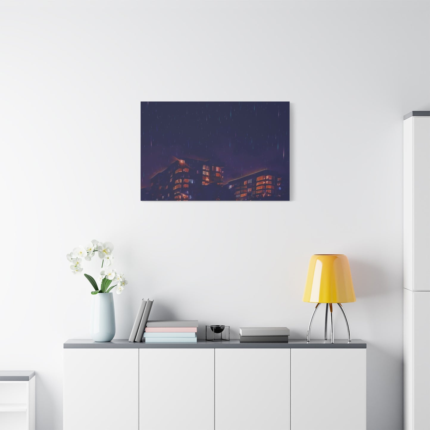 Neon Percipitation @ night - Canvas Print — Moody Urban Wall Art