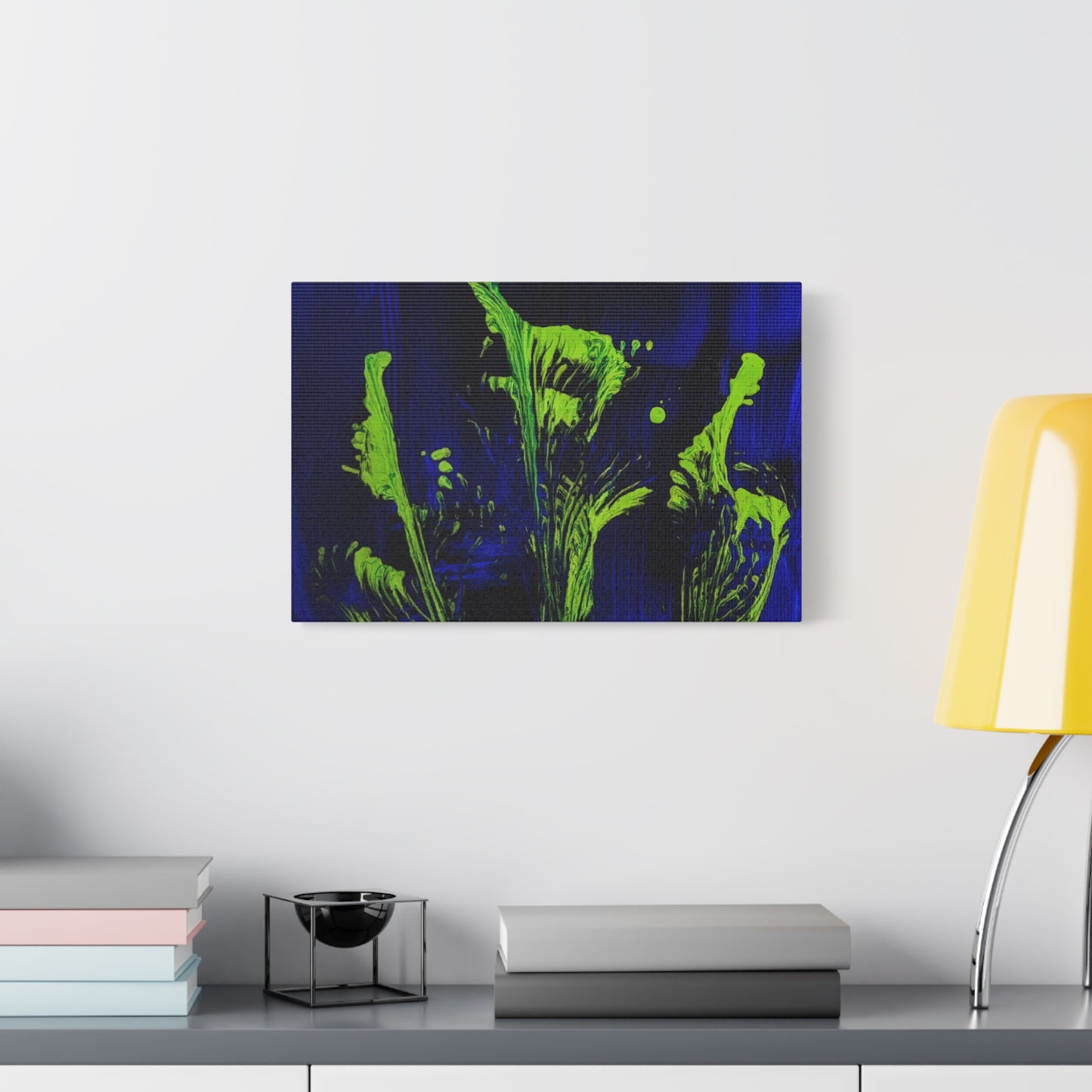calla_lillies_pt.2 - Neon Floral Abstract Canvas Print — Blue & Lime Stretched Wall Art