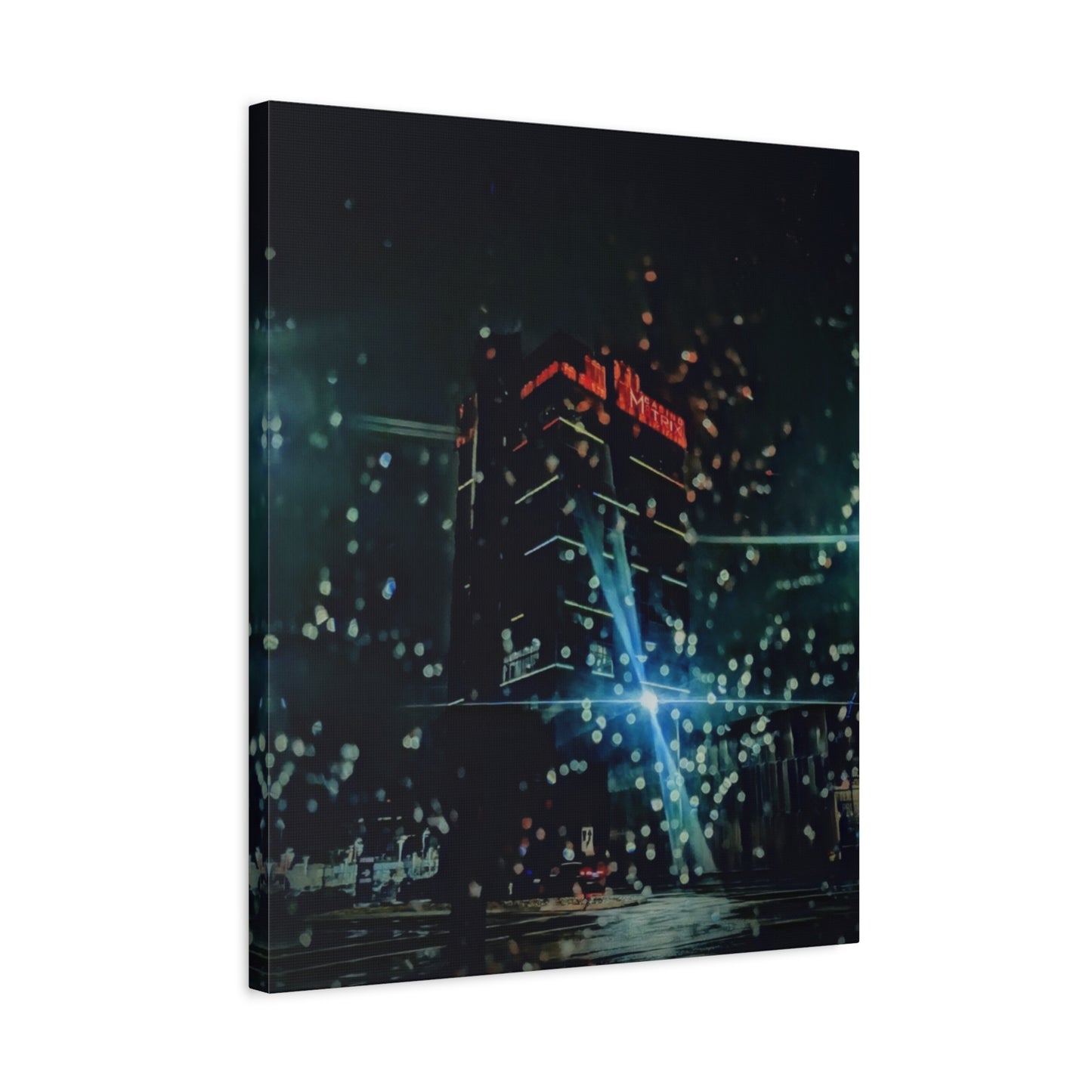 matrix @night Canvas Print — Moody Rainy Urban Wall Art (Matte Stretched)