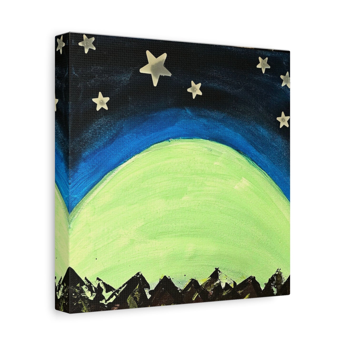 Green Moonrise Canvas Wall Art – Mountain Silhouette Nightscape