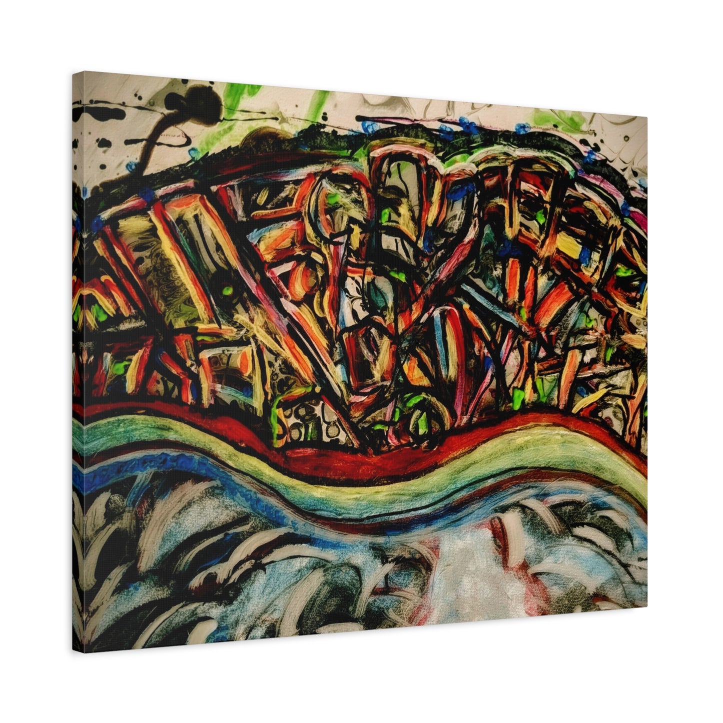 Acrylic_inequalities - Abstract Coastal Cityscape Canvas — Vibrant Ocean Wave Wall Art