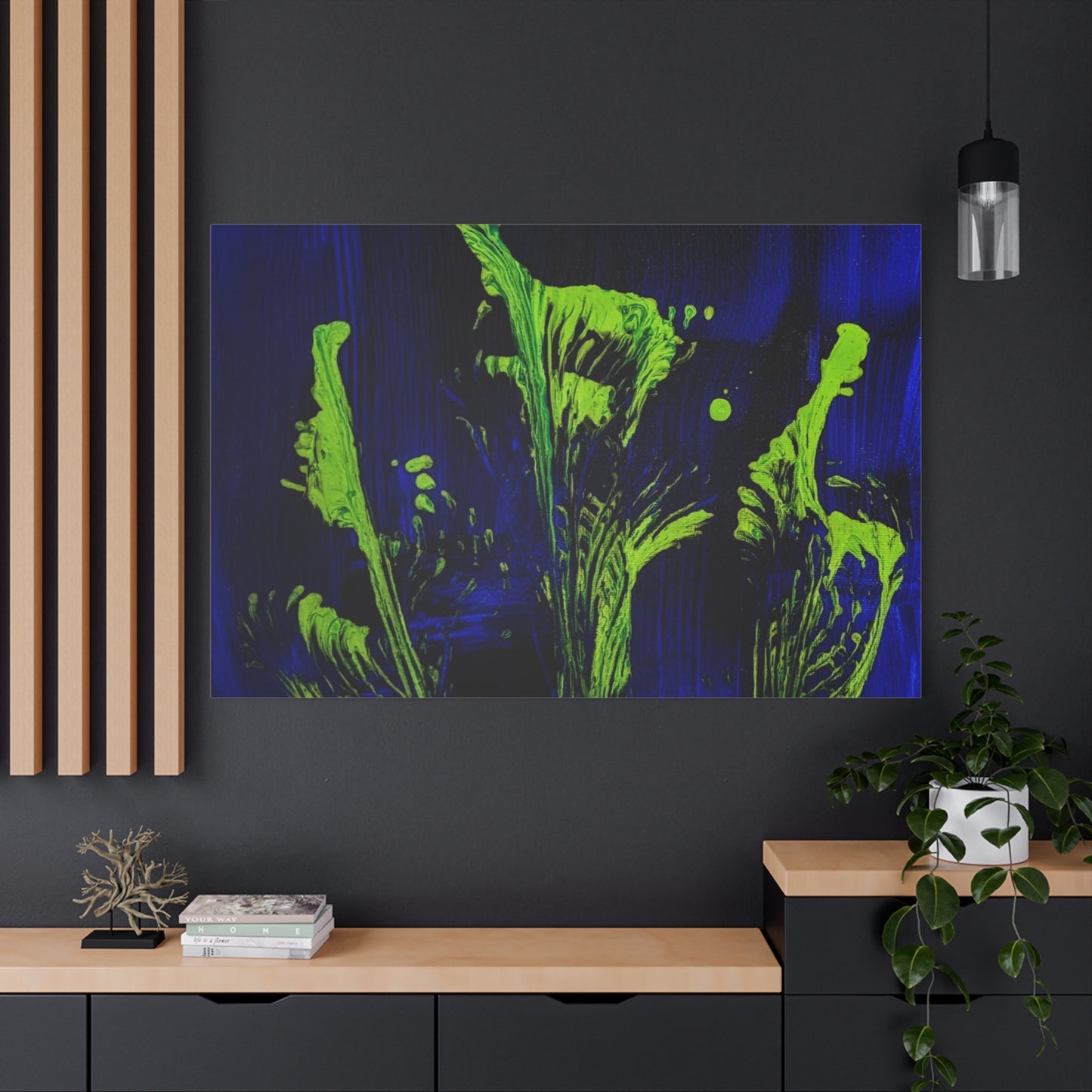 calla_lillies_pt.2 - Neon Floral Abstract Canvas Print — Blue & Lime Stretched Wall Art