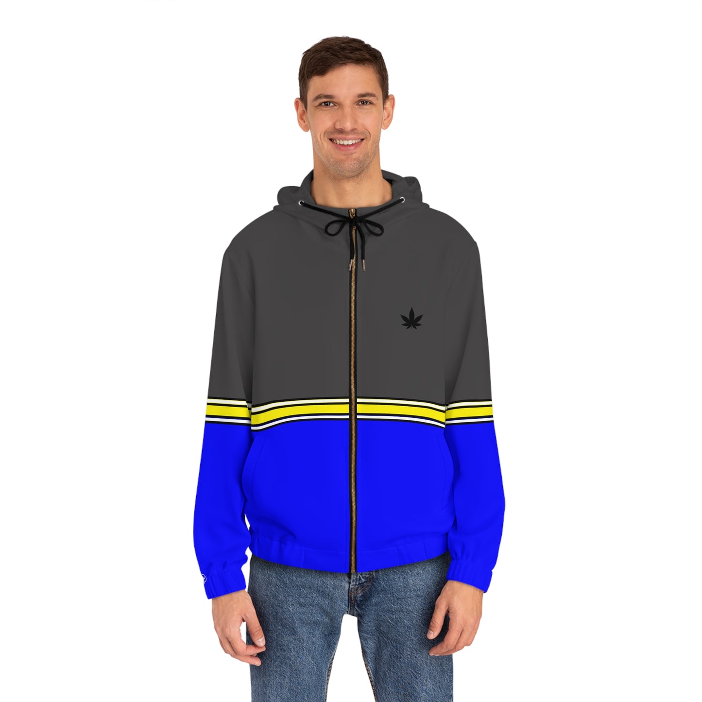 Blue Stripe Full-Zip Hoodie — Casual Streetwear Jacket with Leaf Logo
