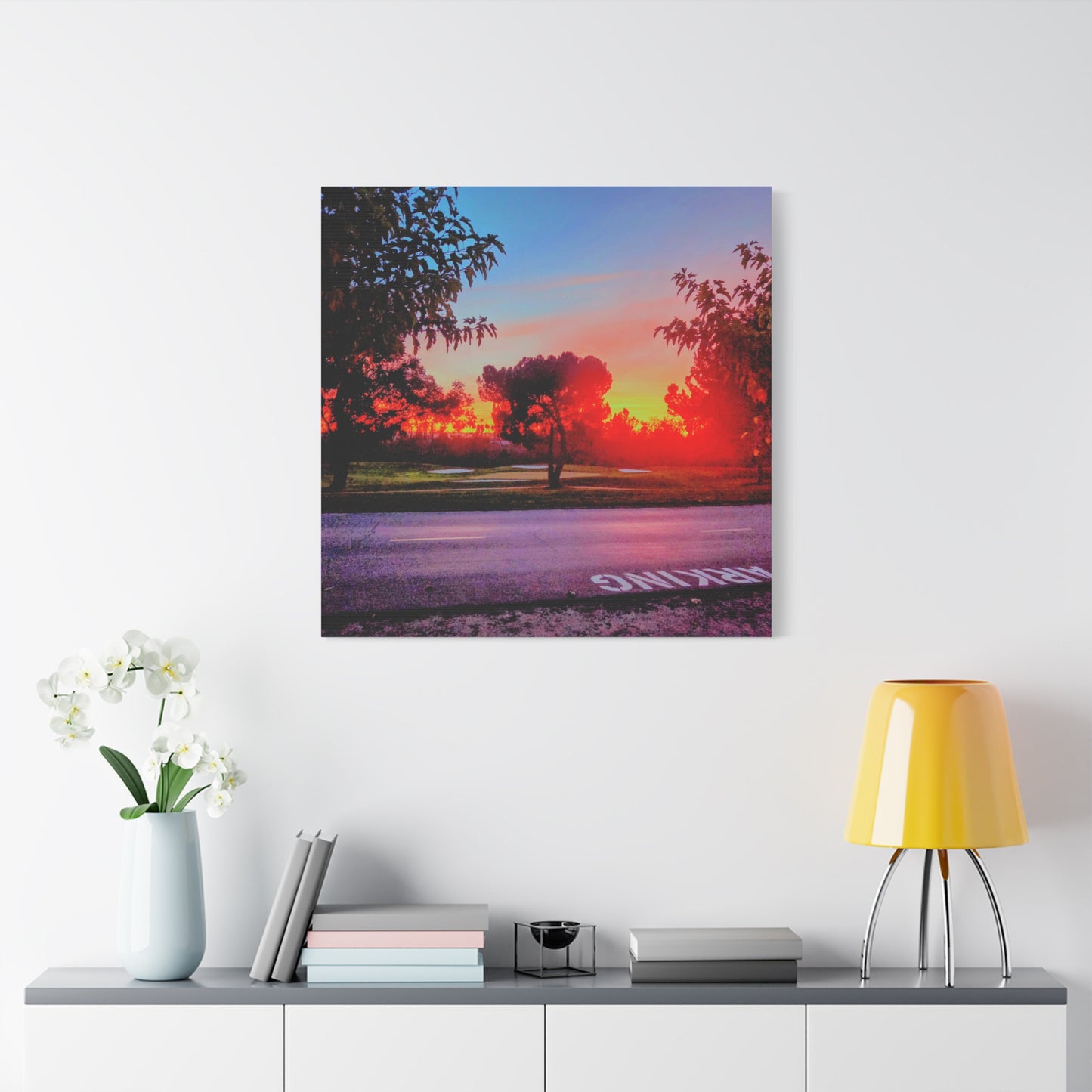 4th green @muni - Sunset Park Matte Canvas Print — Vibrant Red & Orange Landscape Wall Art