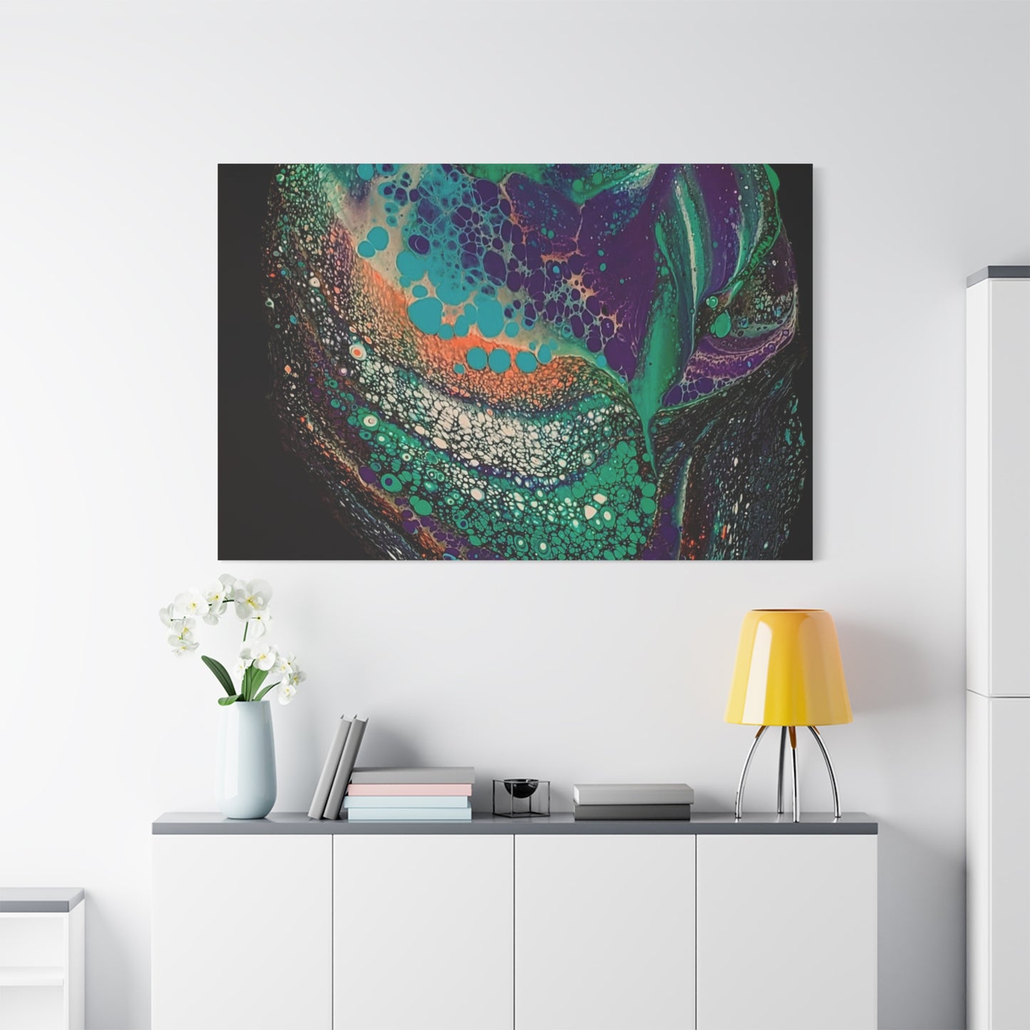 Abstract Fluid Art Canvas Print — Teal, Purple & Gold Swirl Matte Stretched Wall Art
