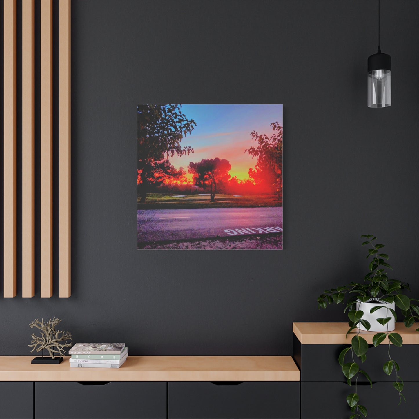 4th green @muni - Sunset Park Matte Canvas Print — Vibrant Red & Orange Landscape Wall Art