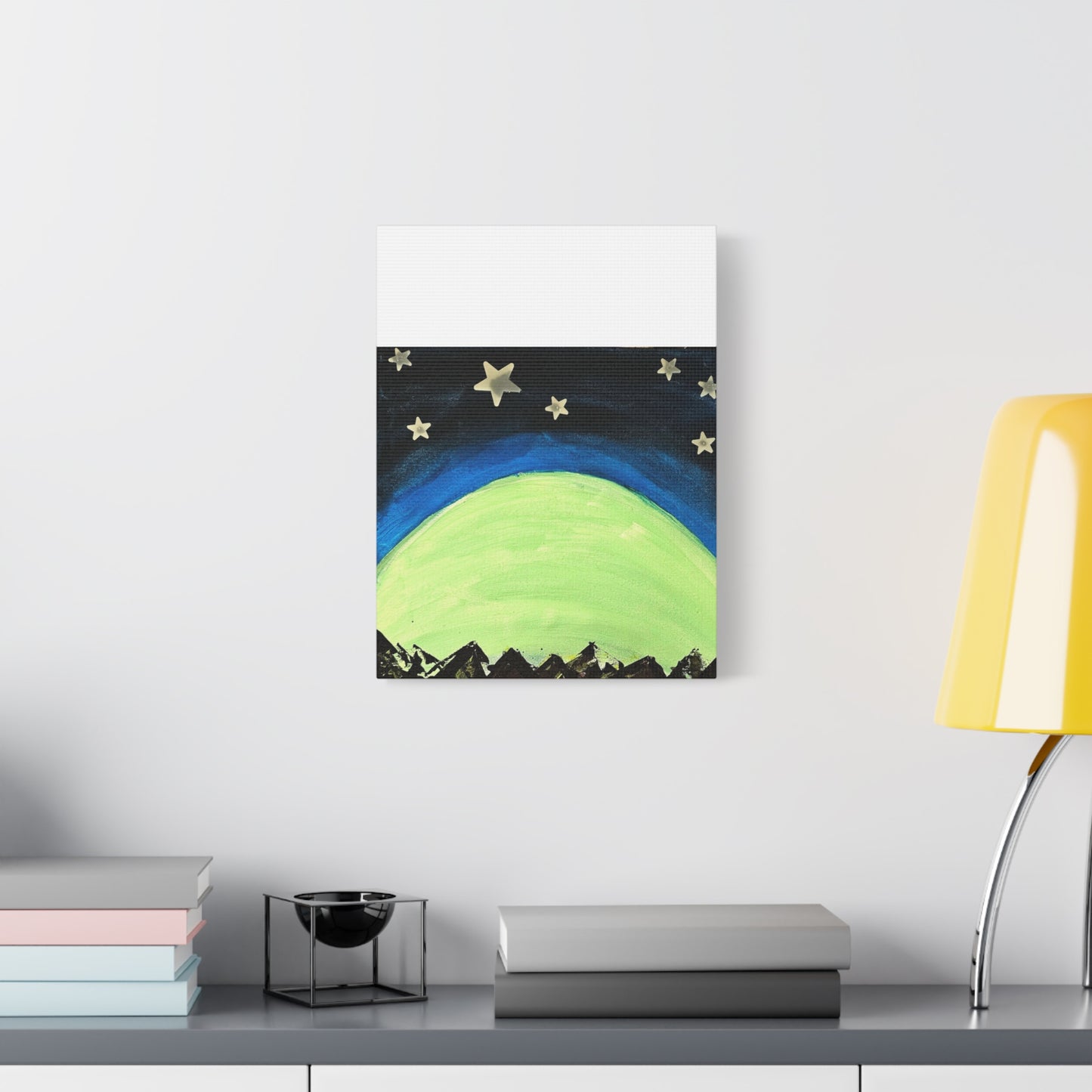 Green Moonrise Canvas Wall Art – Mountain Silhouette Nightscape