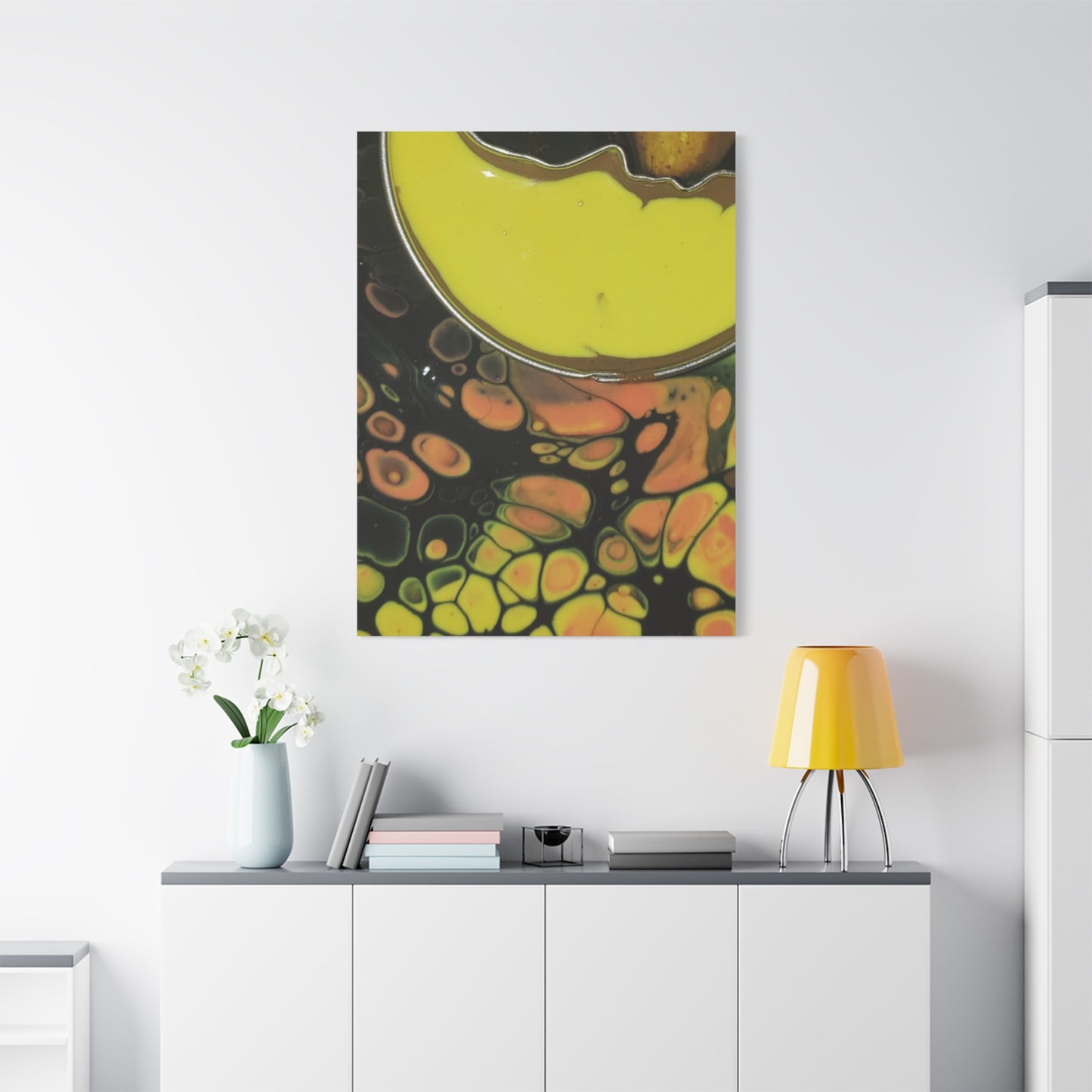 Abstract Fluid Art Canvas Print — Yellow & Black Cell Pour